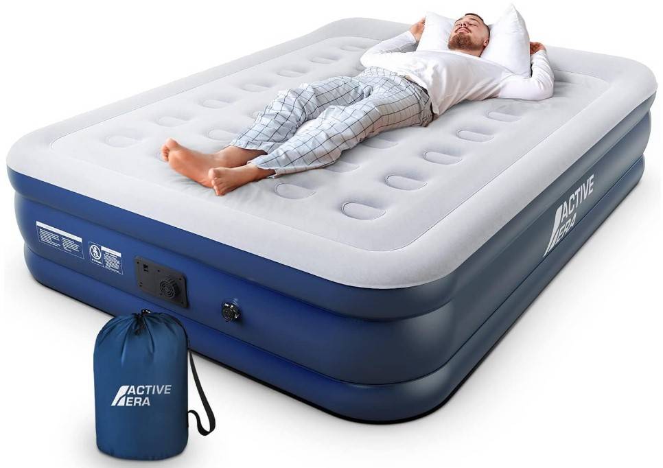 Active Era Premium Queen Air Mattress with Built in Pump, Raised Pillow, Puncture Resistant Waterproof Soft Top, Elevated Inflatable Bed for Guests, Queen Size Blow Up Mattress, Quick Electric Pump